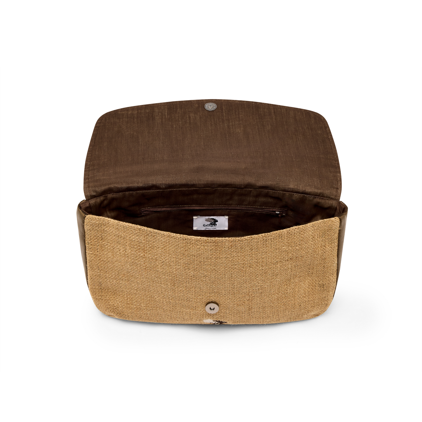 Front opened profile of the Mahalia clutch bag with a Hessian fabric, bronze sheen leather, with small galtigua embroidered logo against a white back ground.