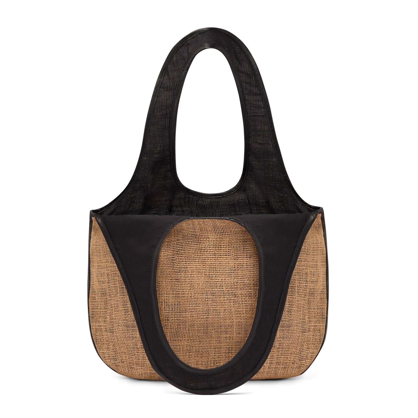 Kalia Hobo bag in natural hessian, with black leather trim and gusset standing upright showing black cotton fabric lining against a white back ground.