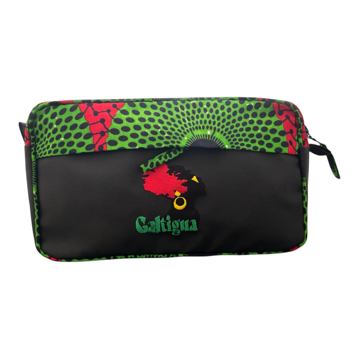 Afia Wash Bag, Pan Africa African Print with embroidered logo on the front panel to contrast the Pan African print.