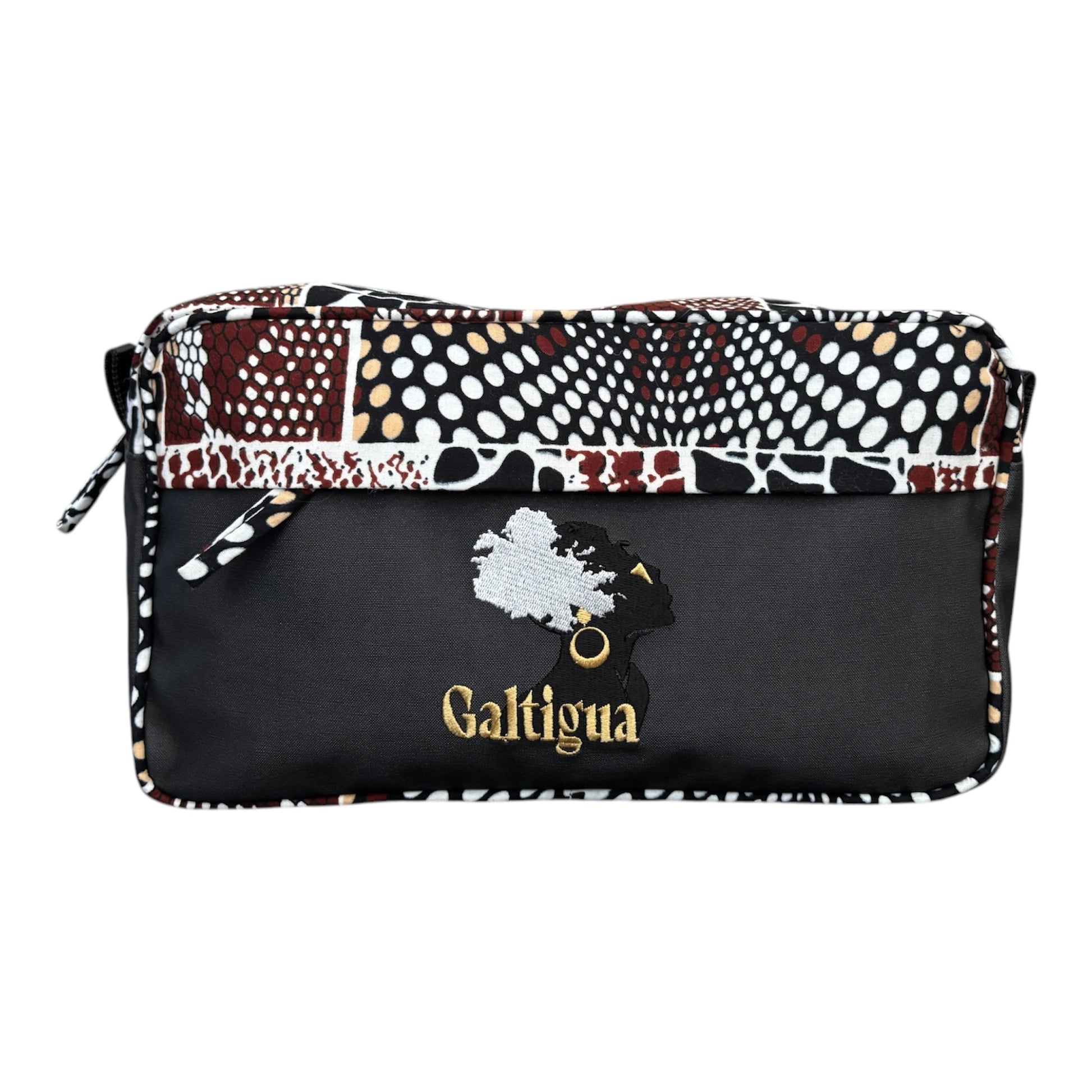 Afia Wash Bag, Safari African Print  with  embroidered logo on the front panel to contrast the African safari print.