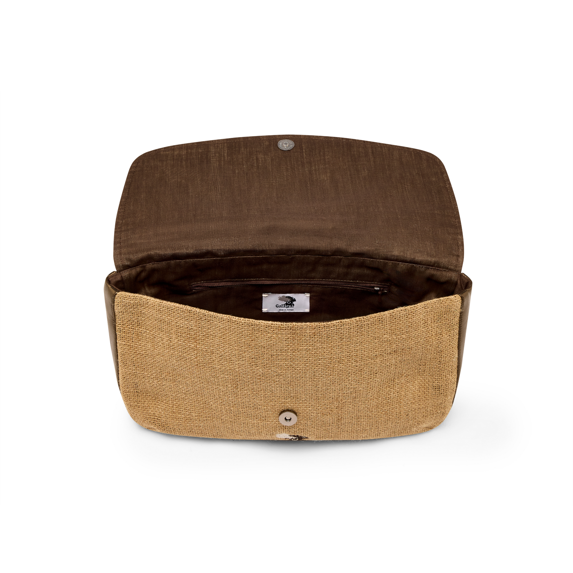 Front opened profile of the Mahalia clutch bag with a Hessian fabric, bronze sheen leather, with small galtigua  embroidered logo against a white back ground.