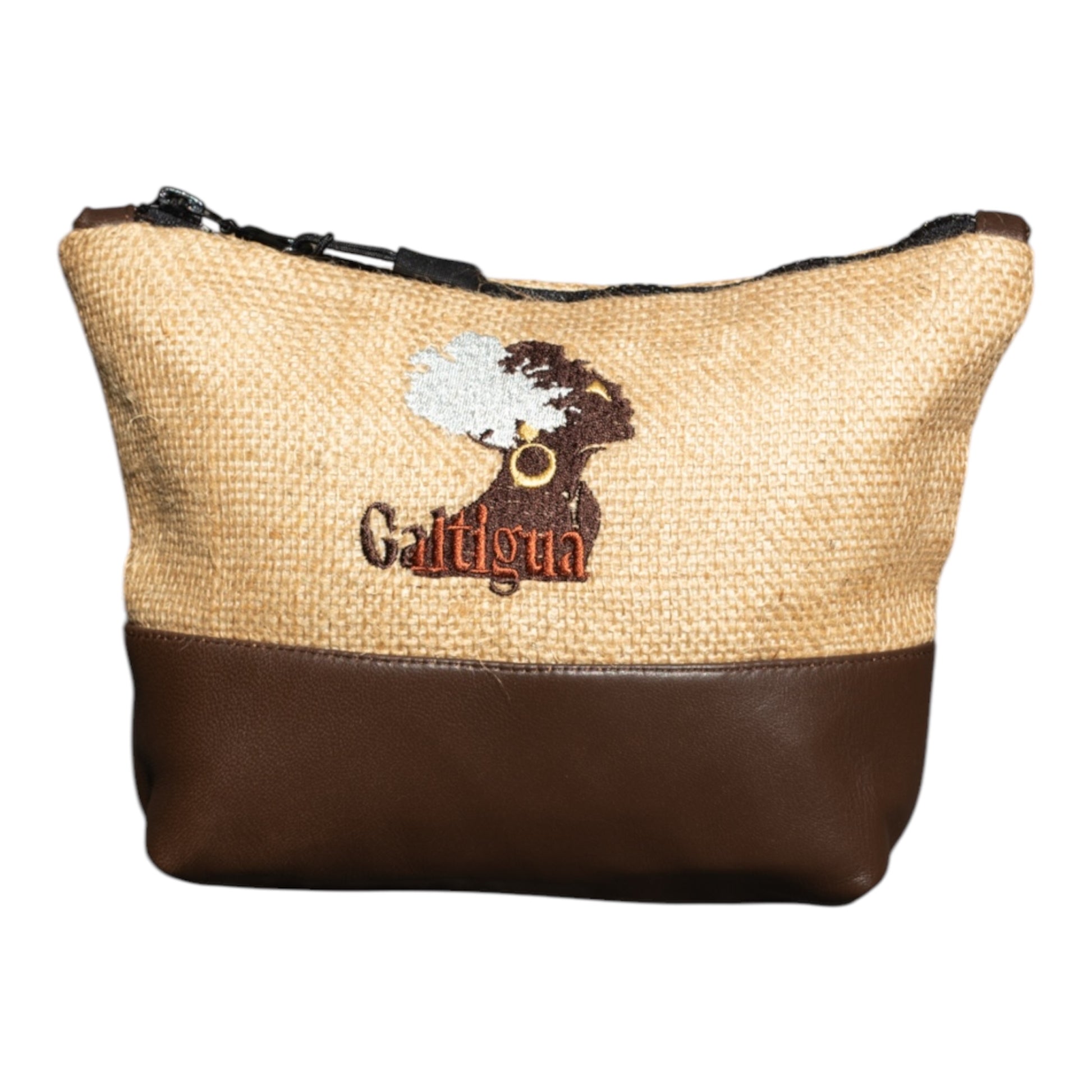 Natural Hessian and Chocolate brown leather  Karissa pouch, with galtigua embroidered logo using brown, gold, and white threads against a white background.
