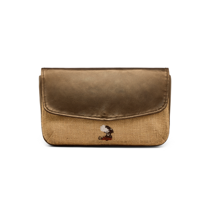 Front head on profile of the Mahalia clutch bag with a Hessian fabric, bronze sheen leather, with small galtigua embroidered logo against a white background.