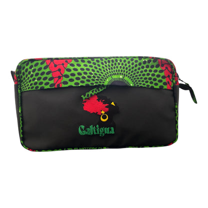 Afia Wash Bag, Pan Africa African Print  with  embroidered logo on the front panel to contrast the Pan African print.