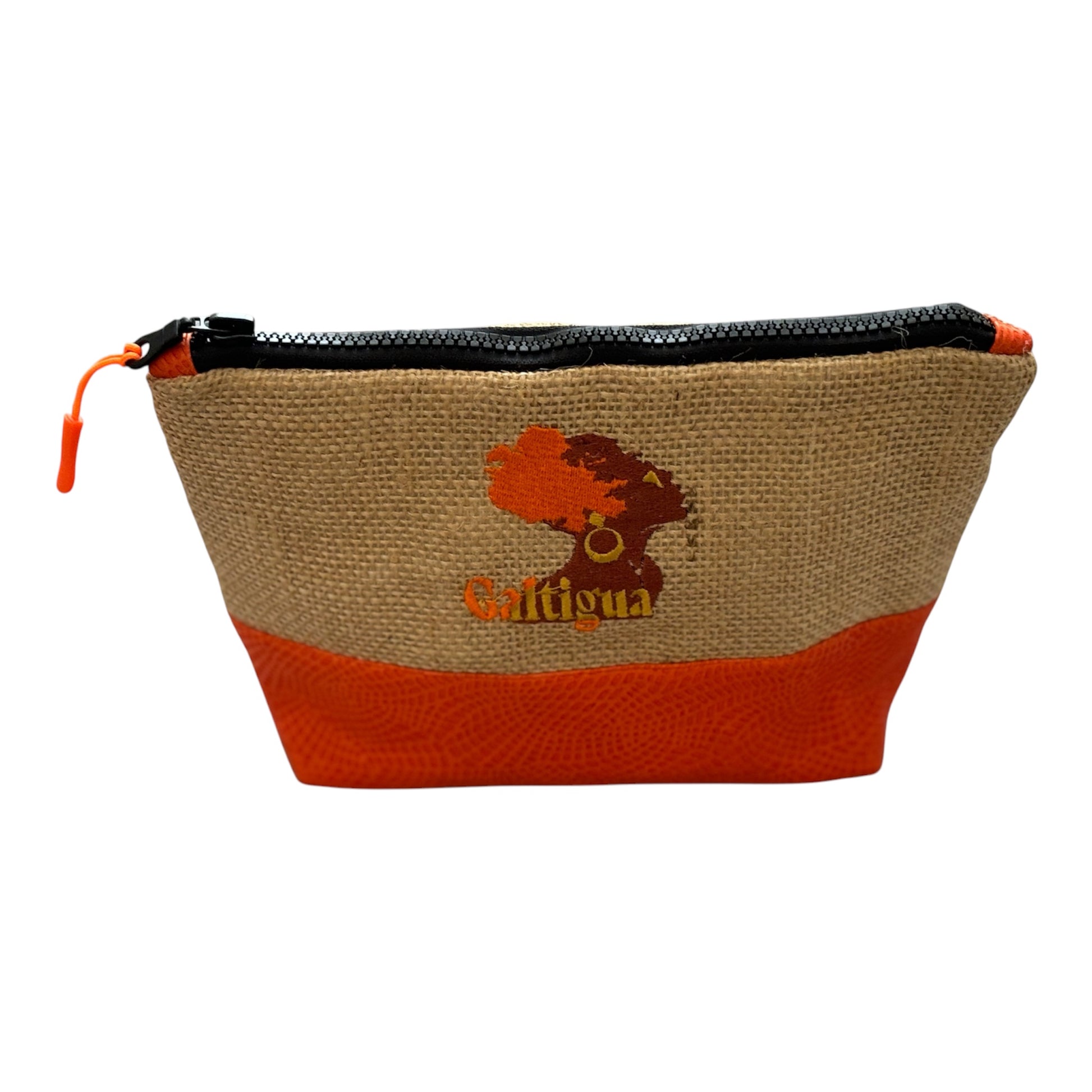 Papaya Orange leather  and natural Hessian  Karissa pouch, with galtigua embroidered logo using orange, yellow, and brown threads against a white background.