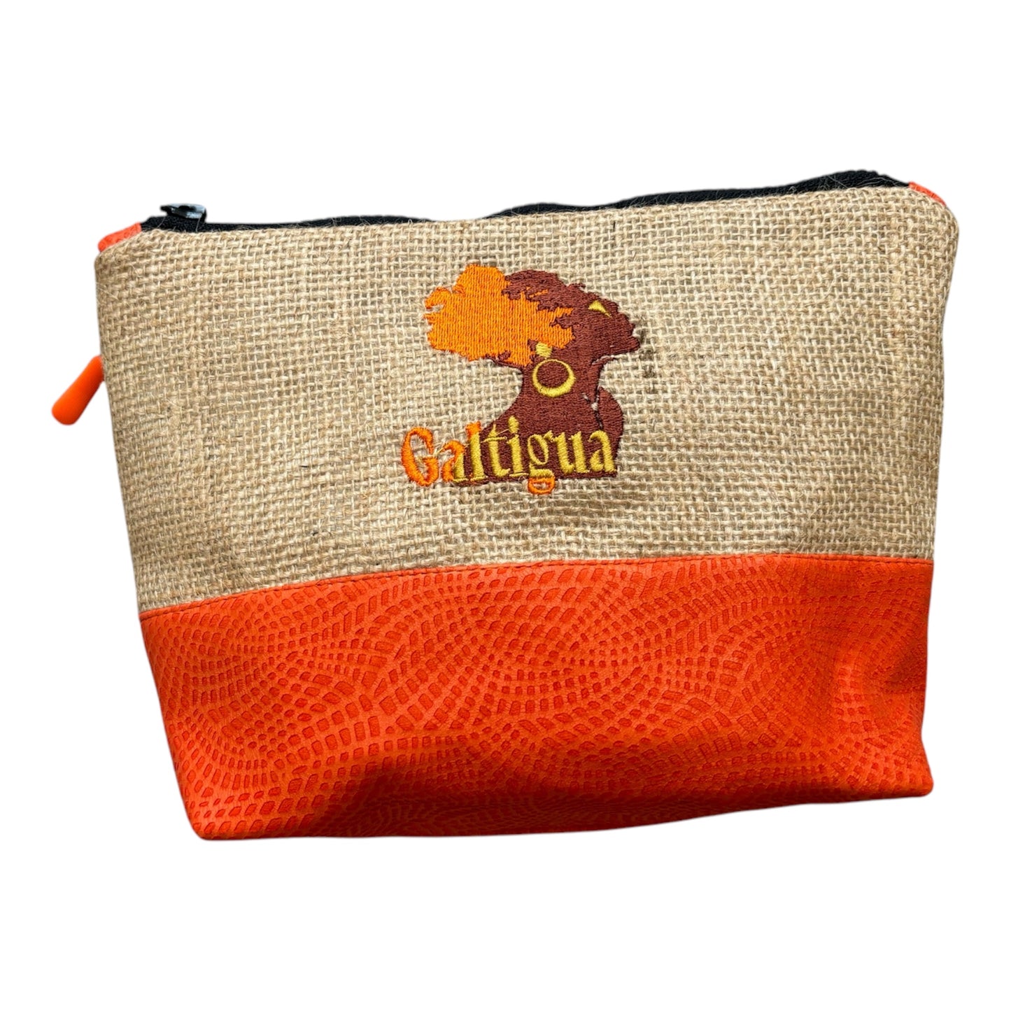 Papaya Orange leather  and natural Hessian  Karissa pouch, with galtigua embroidered logo using orange, yellow, and brown threads. against a white background.