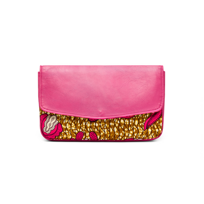 Front head on profile of the Mahalia clutch bag with a pink paisley African print panel, Hot pink leather cover,  against a white background.