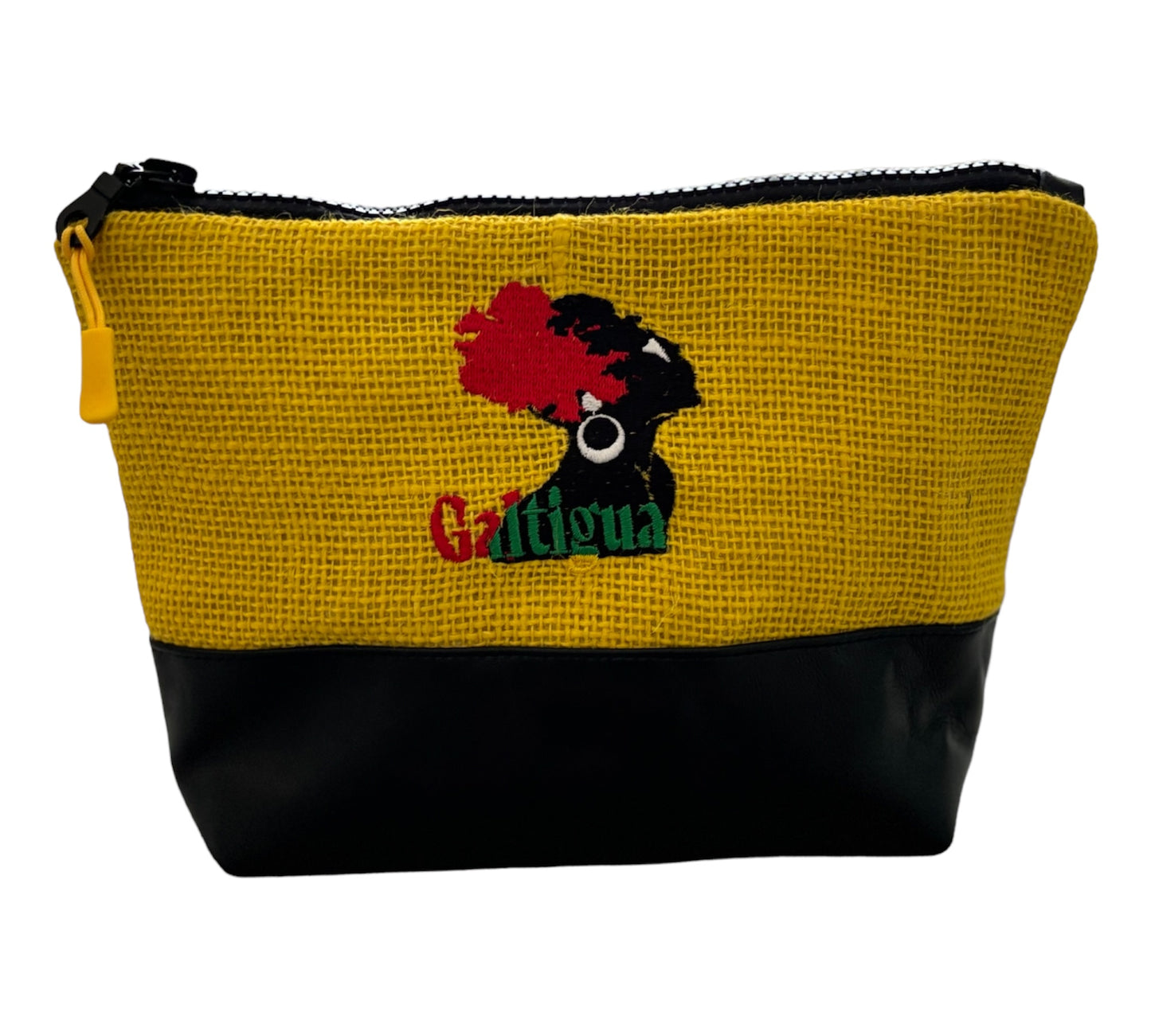 Soleil Yellow Hessian and black leather   Karissa pouch, with galtigua embroidered logo using red, green, black and white threads against a white back ground.