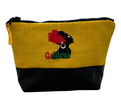 Soleil Yellow Hessian and black leather   Karissa pouch, with galtigua embroidered logo using red, green, black and white threads against a white back ground.